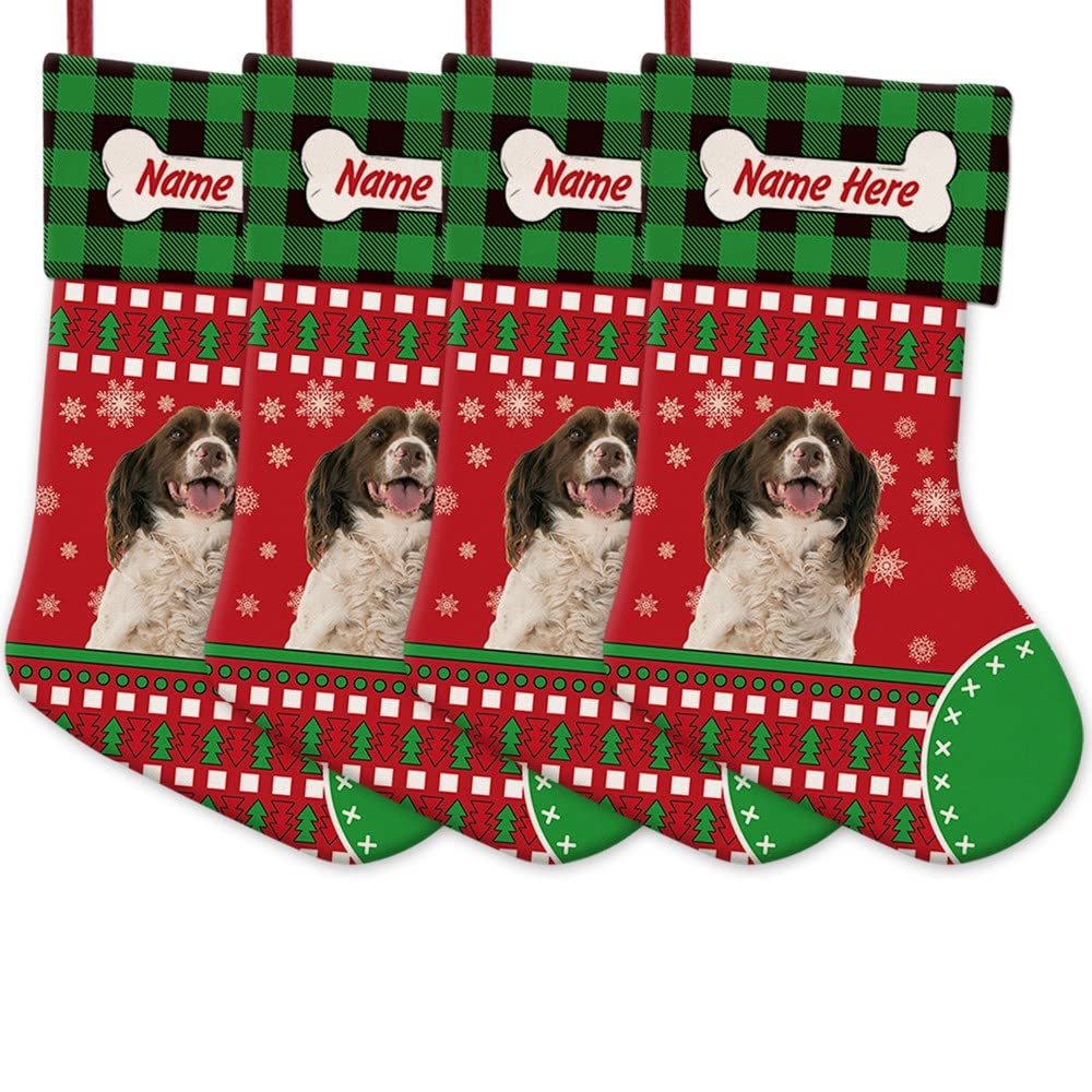MALIHONG 4 Packs Personalized Red Christsmas Cute Dog English Springer Spaniel Stocking with Green Black Buffalo Plaid Snowflake Xmas Decor Gift 14.4 Inch