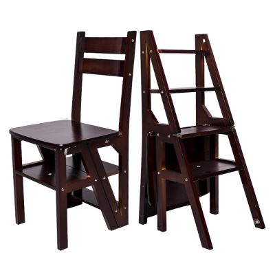 Wooden Foldable Ladder Stool Chair, Multifunction 4-Steps Climb Step Stool Shelf Portable Stepladder Chairs for Home Kitchen or Office - 150kg