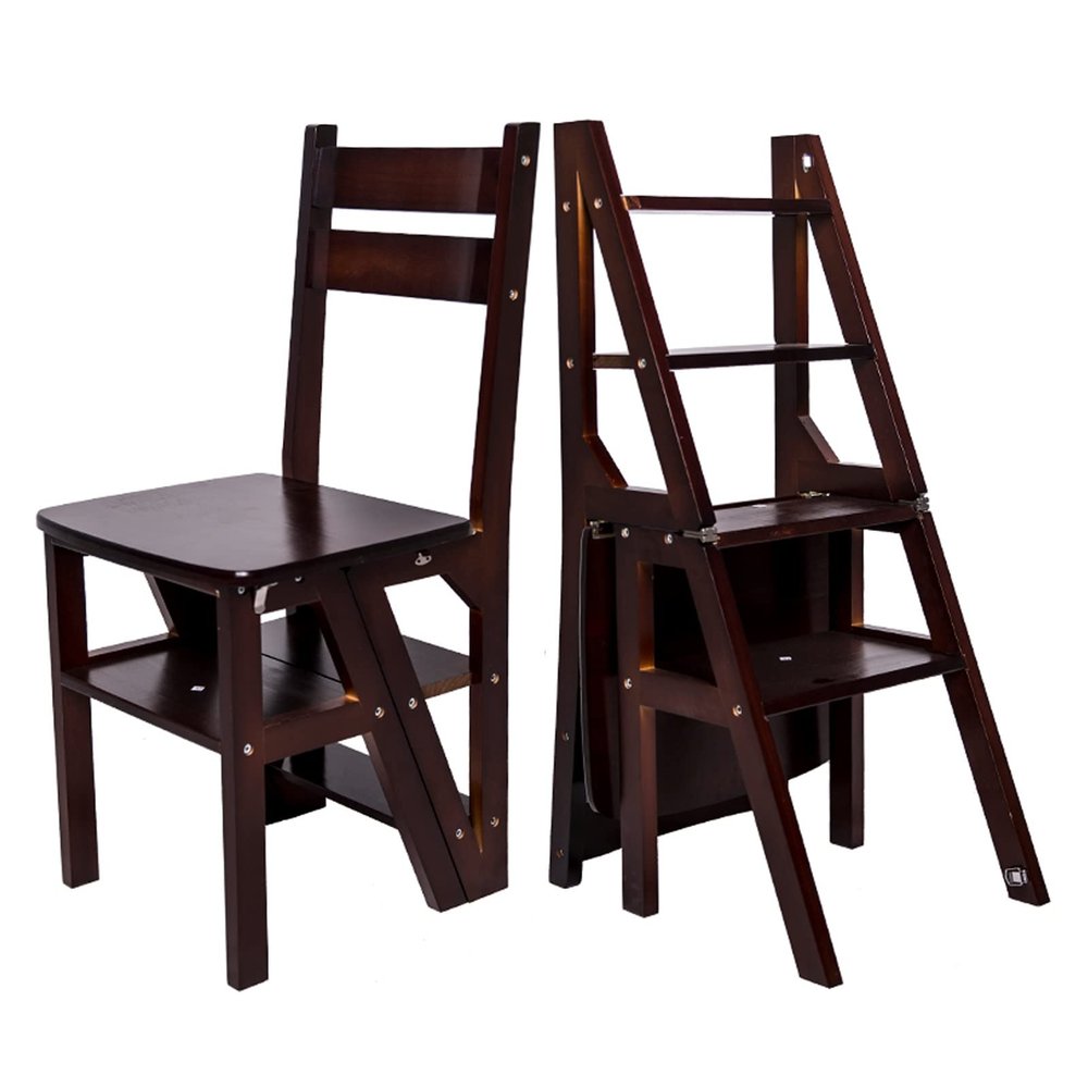 Wooden Foldable Ladder Stool Chair, Multifunction 4-Steps Climb Step Stool Shelf Portable Stepladder Chairs for Home Kitchen or Office - 150kg