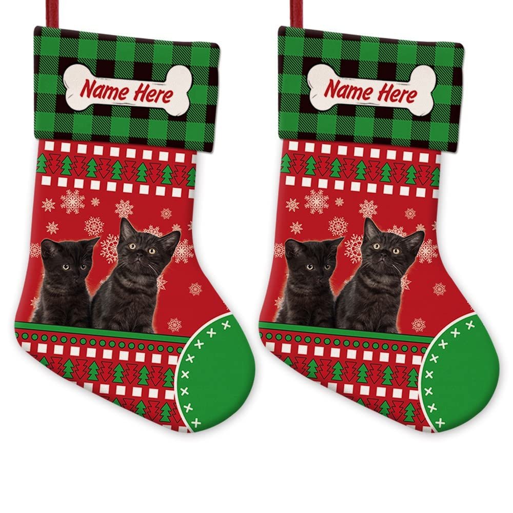 MALIHONG 2 Packs Personalized Red Christsmas Cute Black Kittens Stocking with Green Black Buffalo Plaid Snowflake Xmas Decor Gift 14.4 Inch