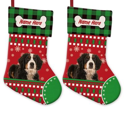MALIHONG 2 Packs Custom Red Christsmas Cute Dog Bernese Mountain Stocking with Green Black Buffalo Plaid Snowflake Xmas Decor Gift 14.4 Inch