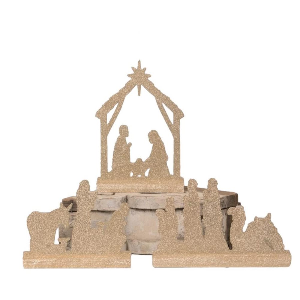 Silver & Gold Glittered Wooden Nativity Scene