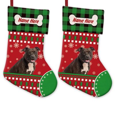 MALIHONG 2 Packs Personalized Red Christsmas Cute Dog Cute Pitbull Stocking with Green Black Buffalo Plaid Snowflake Xmas Decor Gift 14.4 Inch