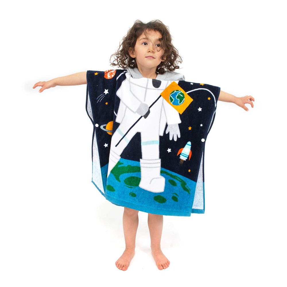 Toddler Hooded Beach Towel Coverup Cape Kids 100% Cotton Soft Quick Dry Absorbent Use for Swim Pool Bath Poncho Towels for 3 to 8 Years Old Children Size 24"x 55" in Full-Length (Astronaut Pattern)