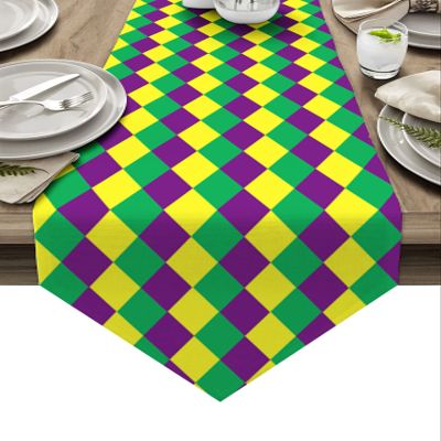 BOBOWUNY Mardi Gras Geometric Burlap Table Runner 72 Inches Long Table Runner Dresser Scarves, Diamond Check Farmhouse Table Runners for Wedding Party Holiday Table Setting Decor