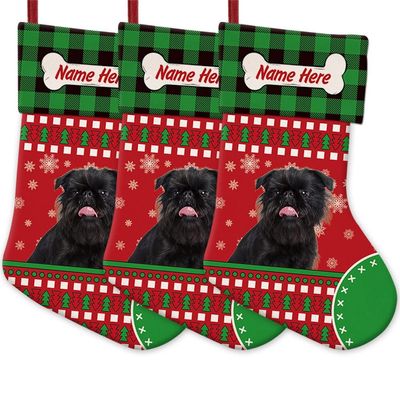MALIHONG 3 Packs Personalized Red Christsmas Cute Dog Black Colour Brussels Griffon Stocking with Green Black Buffalo Plaid Snowflake Xmas Decor Gift 14.4 Inch