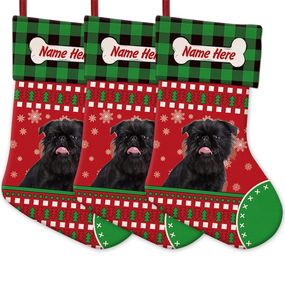 MALIHONG 3 Packs Personalized Red Christsmas Cute Dog Black Colour Brussels Griffon Stocking with Green Black Buffalo Plaid Snowflake Xmas Decor Gift 14.4 Inch