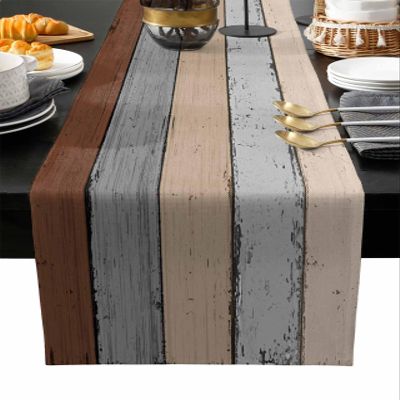 Rustic Farmhouse Burlap Table Runner 36 Inches Long Cotton Linen, Kitchen Dinner Table Runners, Vintage Barn Wood Gradient Brown Grey Beige Tablerunner for Table/Dresser/Dining/Party/Wedding