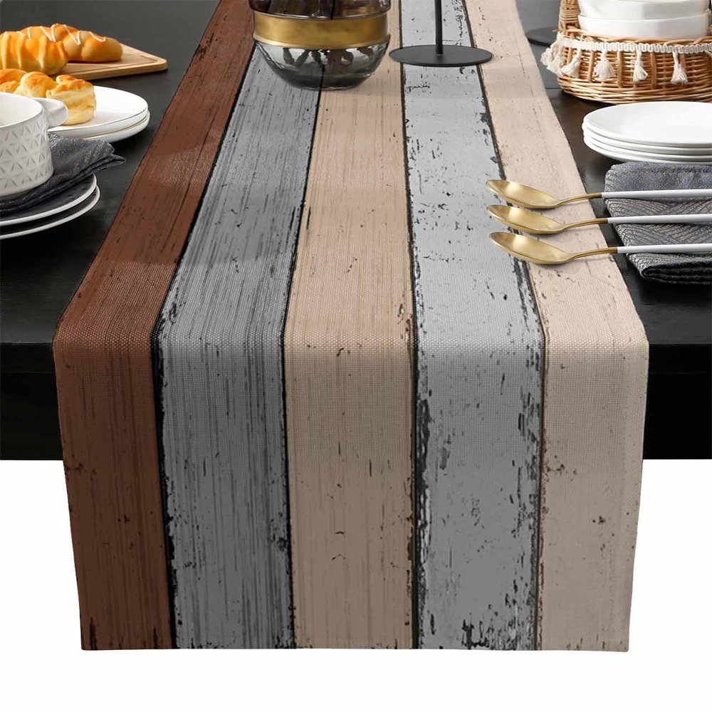 Rustic Farmhouse Burlap Table Runner 36 Inches Long Cotton Linen, Kitchen Dinner Table Runners, Vintage Barn Wood Gradient Brown Grey Beige Tablerunner for Table/Dresser/Dining/Party/Wedding