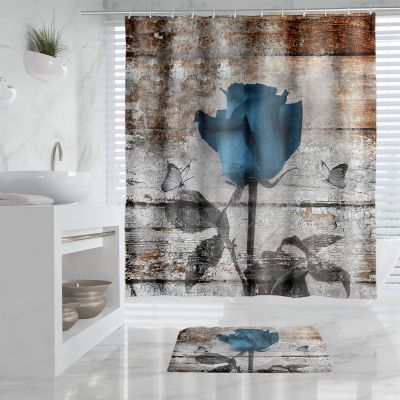 14 Pcs Blue Rose Butterfly Teal Shower Curtain Floral Farmhouse and Non-Slip Rug Sets for Bathroom with Vintage Floral Barn Door Country Farm Bathroom Shower Curtains Rug Set with 12 Hooks (72"x72")