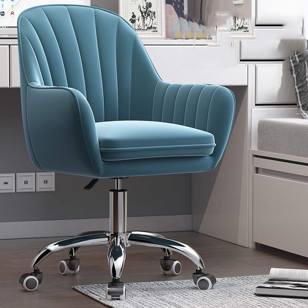 URINGO Nordic Fashion Velvet Home Office Desk Chair with Arms, Height Adjustable Swivel Task Chair with Silver Metal Base, Mid-Back Computer Desk Chair for Home Office/Bedroom/Living Room