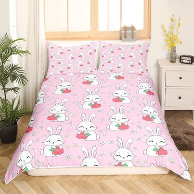 Feelyou Kids Cartoon Rabbit Duvet Cover Cute Strawberry Bunnies Design Bedding Set Boys Girls Kawaii Animal Floral Comforter Cover Lovely Pink Bedspread Cover Bedroom Collection 2Pcs Twin Size
