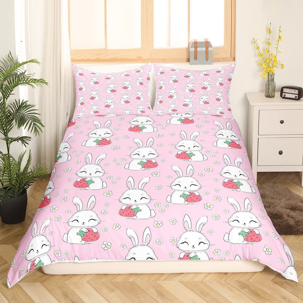 Feelyou Kids Cartoon Rabbit Duvet Cover Cute Strawberry Bunnies Design Bedding Set Boys Girls Kawaii Animal Floral Comforter Cover Lovely Pink Bedspread Cover Bedroom Collection 2Pcs Twin Size
