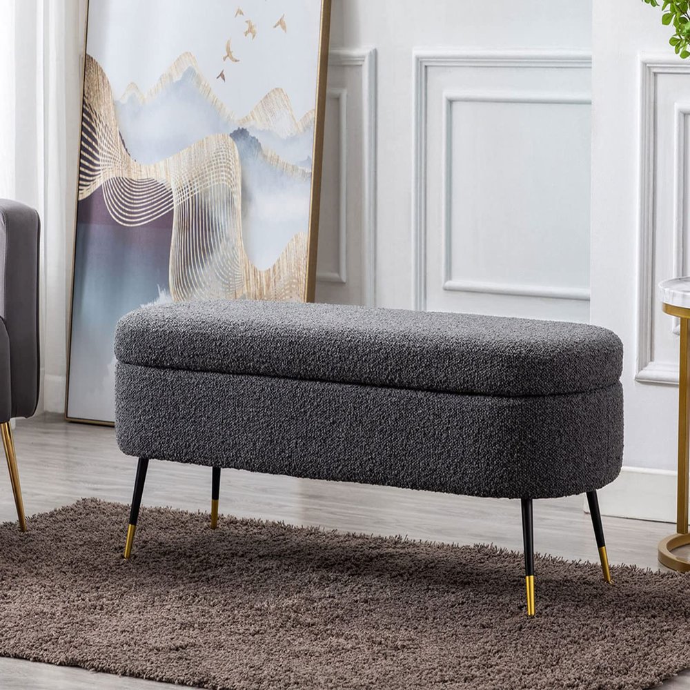 Shunzhi Sherpa Storage Bench for Bedroom Grey Fur Entryway Bench Ottoman Upholstered Faux Fur Bench Fuzzy End of Bed Shoe Bench with Metal Legs for Living Room