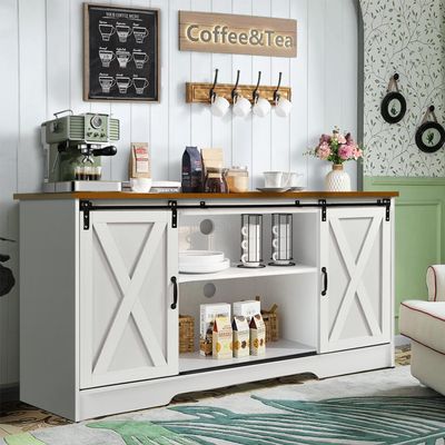 4 EVER WINNER Farmhouse Coffee Bar Cabinet, 59" Buffet Cabinet with Storage & Sliding Barn Doors, Kitchen Storage Cabinet, Coffee Station, Living Dining Room, White