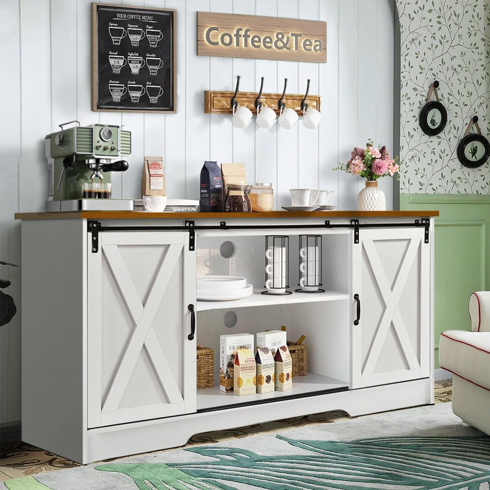 4 EVER WINNER Farmhouse Coffee Bar Cabinet, 59" Buffet Cabinet with Storage & Sliding Barn Doors, Kitchen Storage Cabinet, Coffee Station, Living Dining Room, White