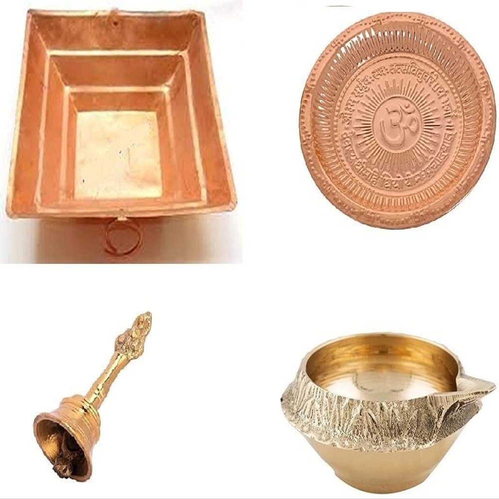 Indian Cultural Copper Yagya Hawan Kund 8 inch with Copper Om Gayatri Mantra Plate 8 inch with Brass Garuda Ghanti and Brass Kuber Diya Havan Kunda Agnihotri Poojan Purpose Religious Item