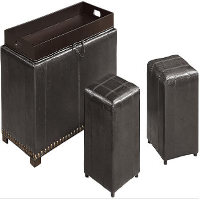 AC Pacific Vista Faux Leather Storage Bench for Bedroom and Living Room, with 2 Ottomans for Seating, Stylish Multi-Functional Furniture, Tufted Nail Head Design, Large, Black