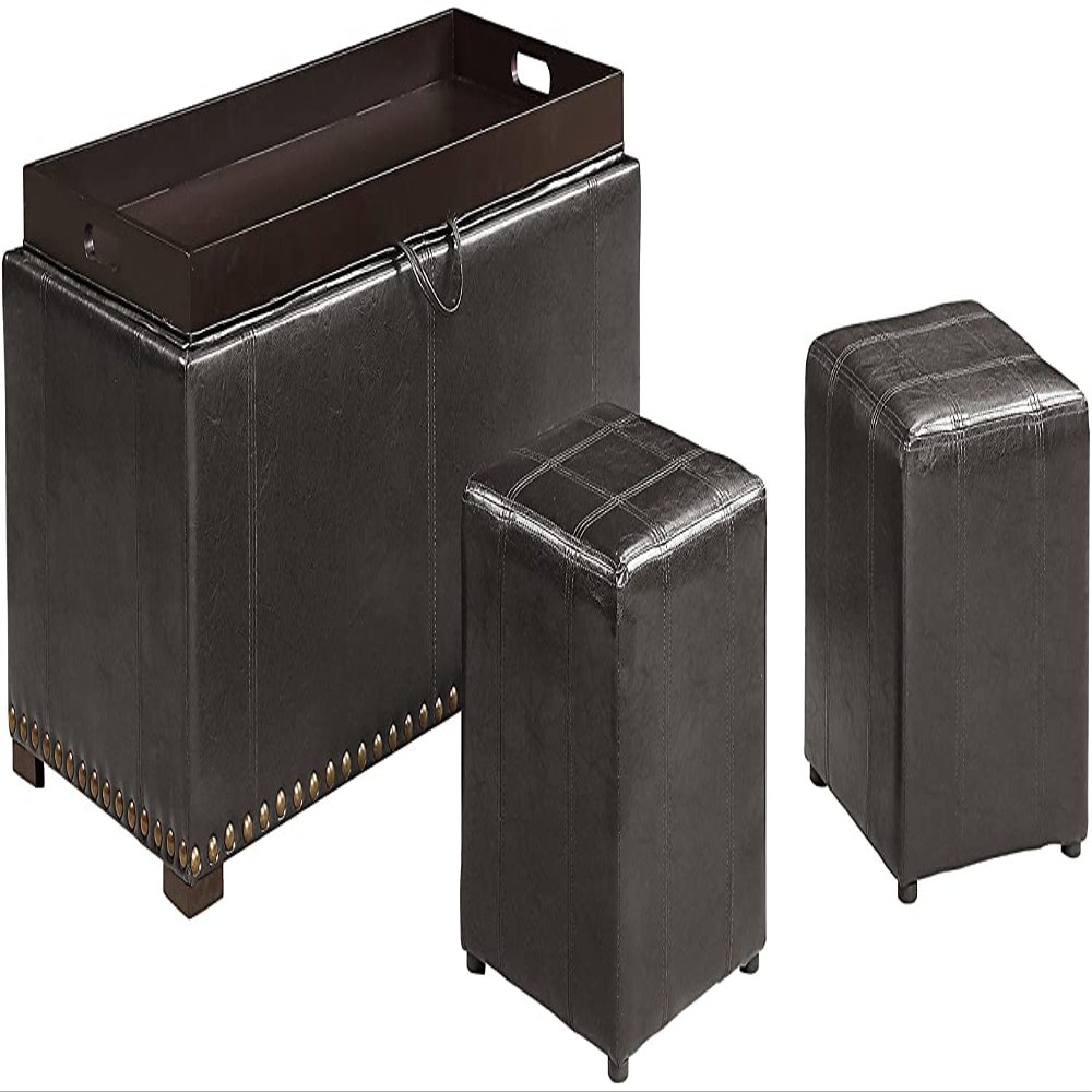 AC Pacific Vista Faux Leather Storage Bench for Bedroom and Living Room, with 2 Ottomans for Seating, Stylish Multi-Functional Furniture, Tufted Nail Head Design, Large, Black