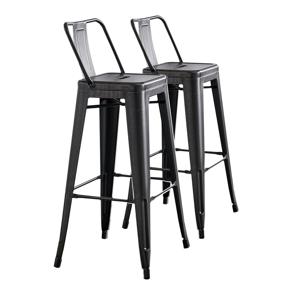 AC Pacific 30 Metal Barstool Set of 2 Country Rustic Style with Low Back, Lightweight & Sturdy Build, Easy Assembly Distressed Ebony Black
