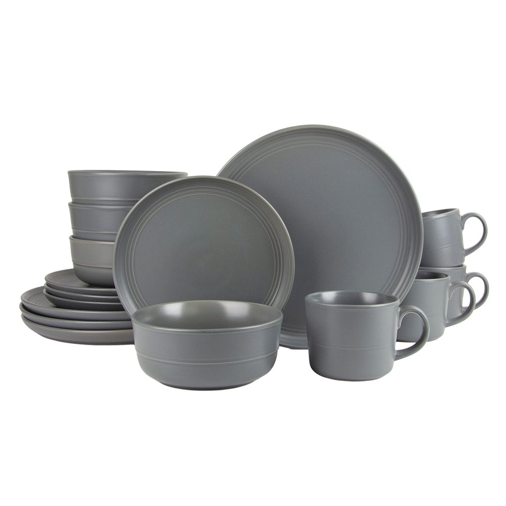 10 Strawberry Street Double Line 16 Piece Dinnerware Set, Matte Gray