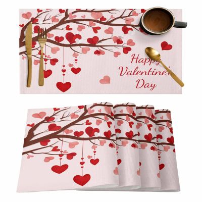 Valentines Placemats Set of 6, Heart Love Tree Placemats for Dining Table, Pink Branches Happy Valentines Cotton and Linen Table Mats Washable for Kitchen, Party, Wedding Decor, 13 x 19 Inches