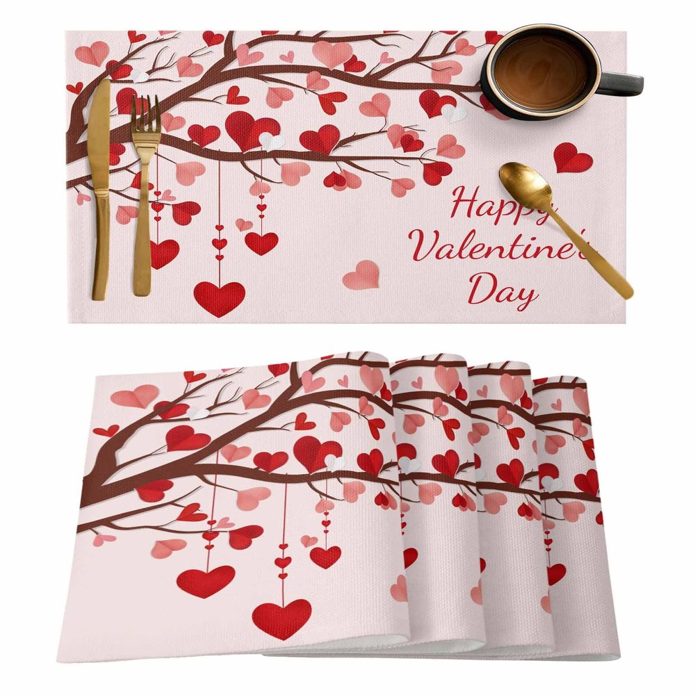 Valentines Placemats Set of 6, Heart Love Tree Placemats for Dining Table, Pink Branches Happy Valentines Cotton and Linen Table Mats Washable for Kitchen, Party, Wedding Decor, 13 x 19 Inches