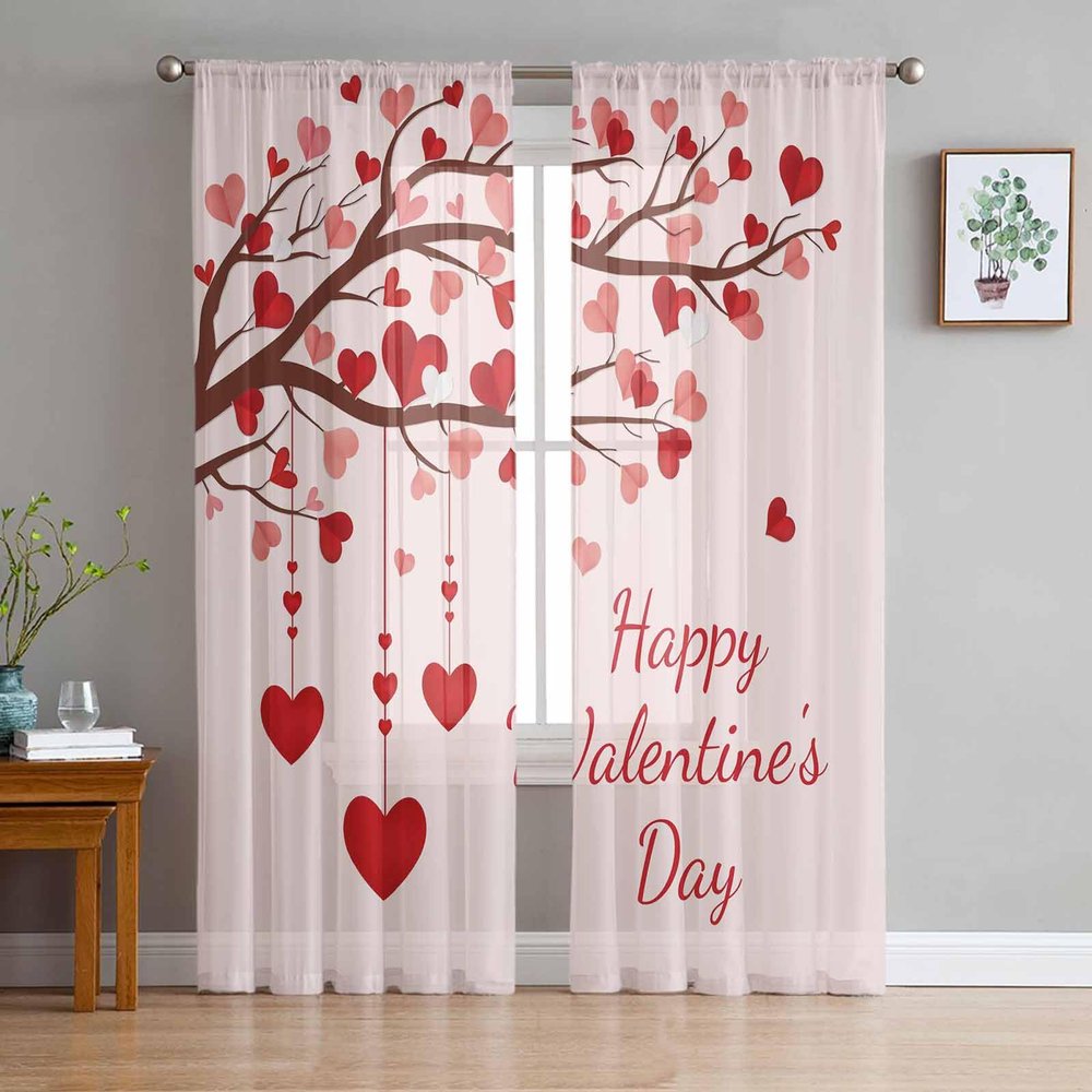 2 PCS Valentines Semi-Sheer Curtains 63 Inches Long,Red Pink Valentine Love-Tree Rod Pocket Voile Panels,Brown Window Drape Chiffon Fabric Sheer Curtains for Living Room Bedroom,Happy Valentine's Day