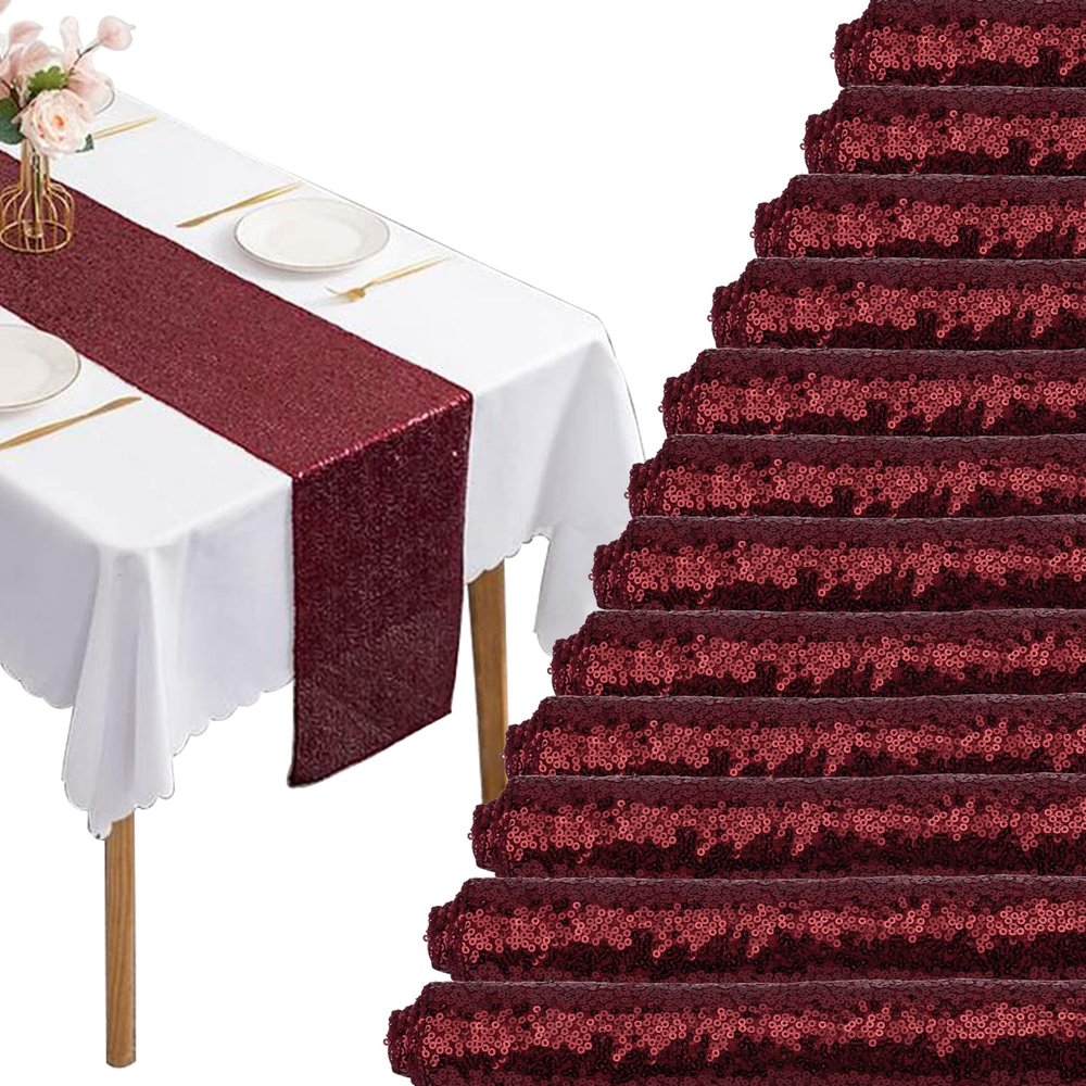 12 Packs Sequin Table Runner Glitter Dining Table Runner for Birthday Wedding Engagement Bridal Baby Shower Bachelorette Holiday Celebration Party Supplies Decorations (12" x 108", Burgundy)