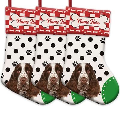 MALIHONG 3 Packs Personalized Black Polka Dot Christsmas Stocking with Cute Dog English Springer Spaniel Red and White Buffalo Plaid Xmas Decor Gift 14.4 Inch