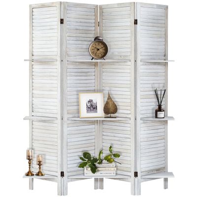 AMBITION LAND Room Divider with Shelves, Privacy Screen, Room Dividers and Folding Privacy Screens, 4 Panel Wood Temporary Wall Partition Separation Separator, Coconut