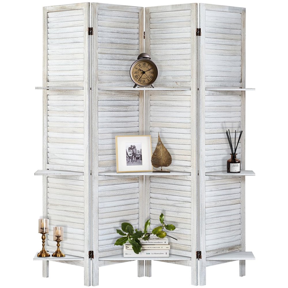 AMBITION LAND Room Divider with Shelves, Privacy Screen, Room Dividers and Folding Privacy Screens, 4 Panel Wood Temporary Wall Partition Separation Separator, Coconut