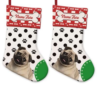 MALIHONG 2 Packs Personalized Black Polka Dot Christsmas Stocking with Cute Puppy Pug Red and White Buffalo Plaid Xmas Decor Gift 14.4 Inch