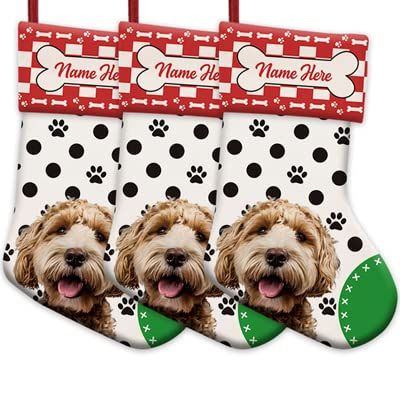 MALIHONG 3 Packs Personalized Black Polka Dot Christsmas Stocking with Lovely Dog Labradoodle Red and White Buffalo Plaid Xmas Decor Gift 14.4 Inch