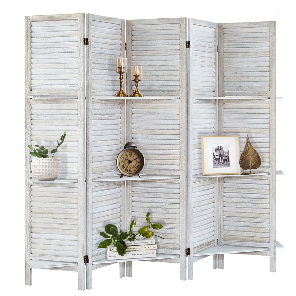 AMBITION LAND Room Divider with Shelves, Privacy Screen, Room Dividers and Folding Privacy Screens, 5 Panel Wood Temporary Wall Partition Separation Separator, Coconut