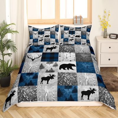 Erosebridal Rustic Bear Duvet Cover Queen for Teens Boys,Happy Camping Bedding Set Cabin Lodge Decor,Wild Animal Elk Antler Comforter Cover,Hunting Patchwork Quilt Cover 3pcs Blue Grey Camper Gift