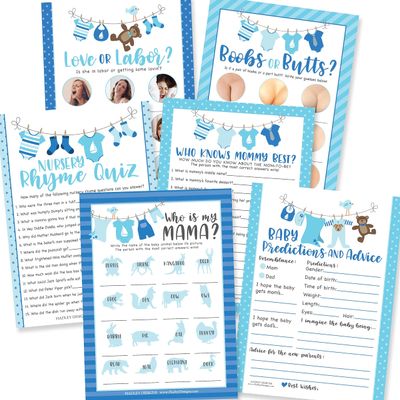 50 Blue Who Knows Mommy Best, Baby Prediction and Advice Cards etc, 25 Love or Labor, Boobs Or Baby Butts Gender Reveal - 6 Double Sided Cards Baby Shower Games Funny, Baby Shower Party Supplies