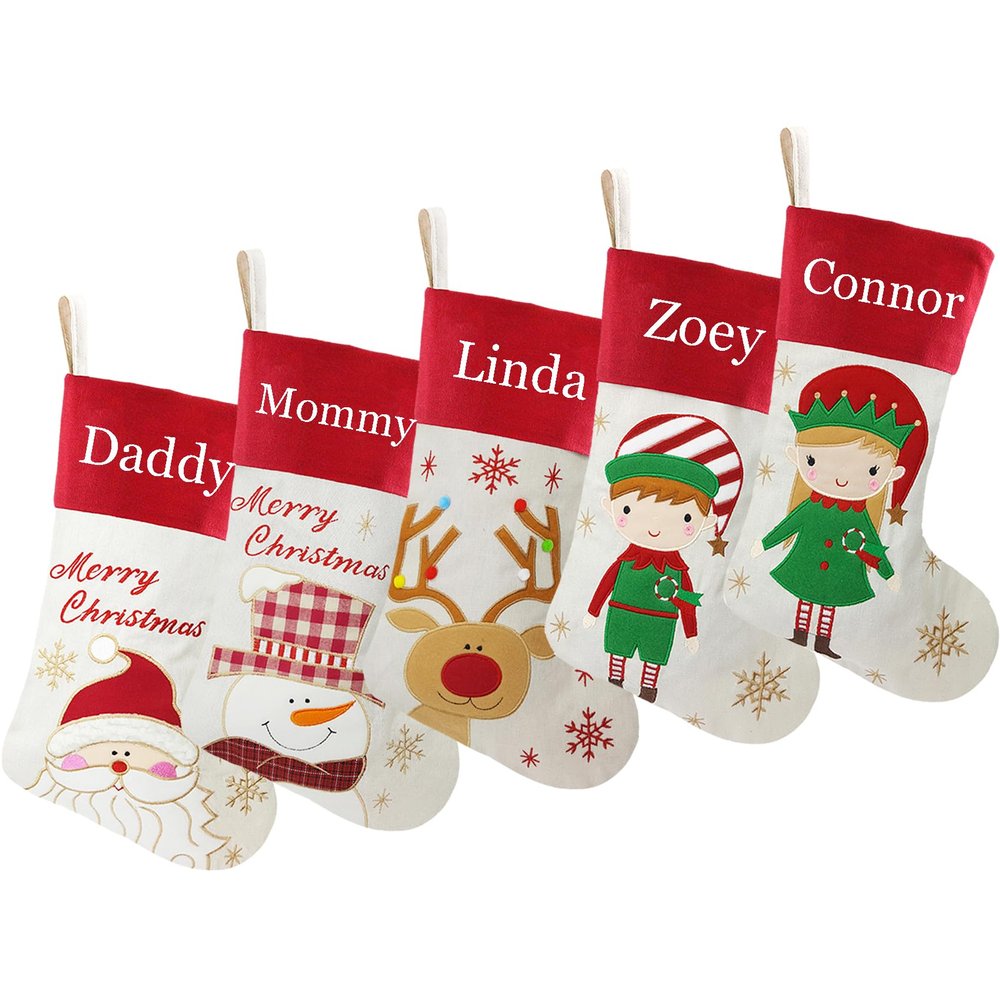 DearSun Set of 5,18" Personalized Christmas Stockings with Exquisite Embroidery Names,Santa,Snowman,Deer,Elf Boy&Girl Characters, Quality Linen Stockings for Family Decor