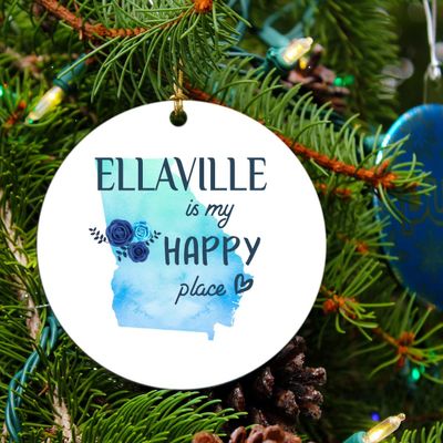 Christmas Ornament Tree 2023 with City Name Ornament Ellaville Georgia is My Happy Place - Ellaville GA Ornaments - Xmas Decoration Gift Family 3" MDF Plastic White