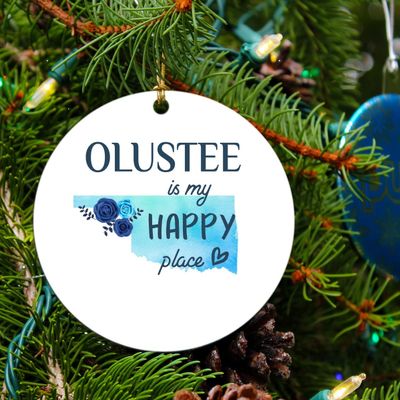 Christmas Ornament Tree 2023 with City Name Ornament Olustee Oklahoma is My Happy Place - Olustee OK Ornaments - Xmas Decoration Gift Family 3" MDF Plastic White