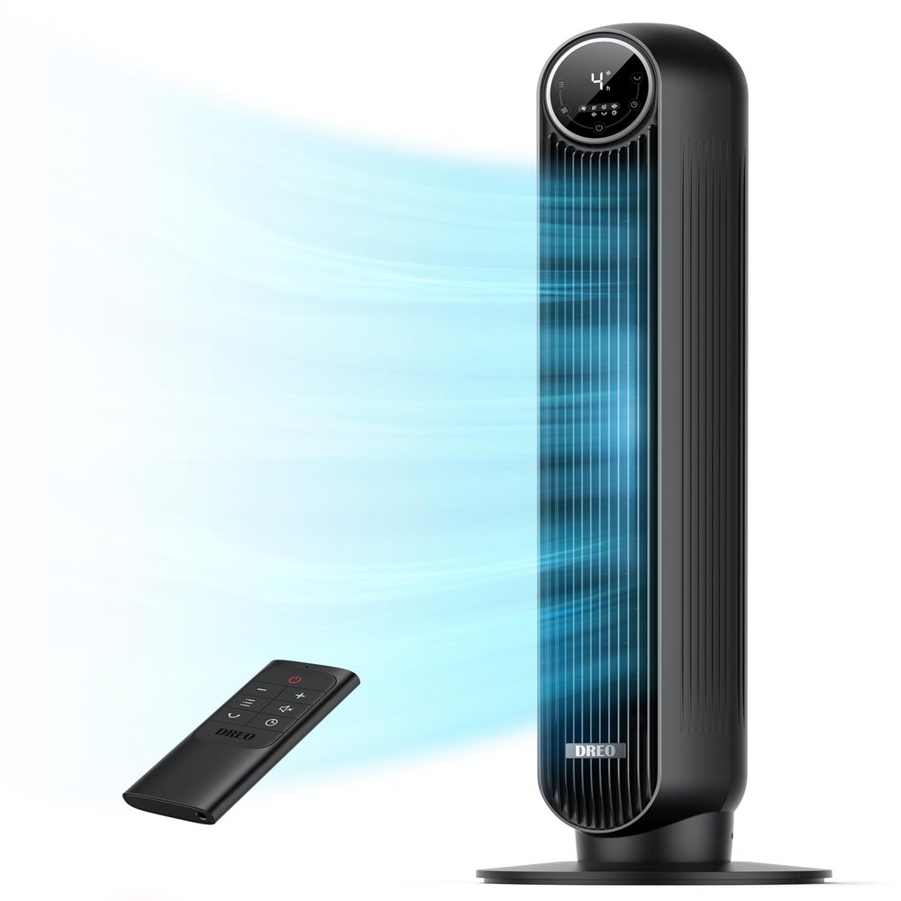 Dreo Tower Fan for Bedroom, 2026 Upgraded DC Motor, 28ft/s High Velocity, 20dB Ultra Quiet Standing Fan, 8 Speeds 4 Modes, 90 Oscillating Bladeless Fan for Indoors, Floor Fans with Remote, Black