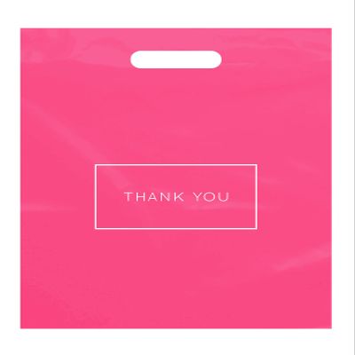 Purple Q Crafts Pink Die Cut Plastic Shopping Bags with Thank You Logo 12"x15" Boutique Bags with Handles 100 Pack for Merchandise, Gifts, Trade Shows and More