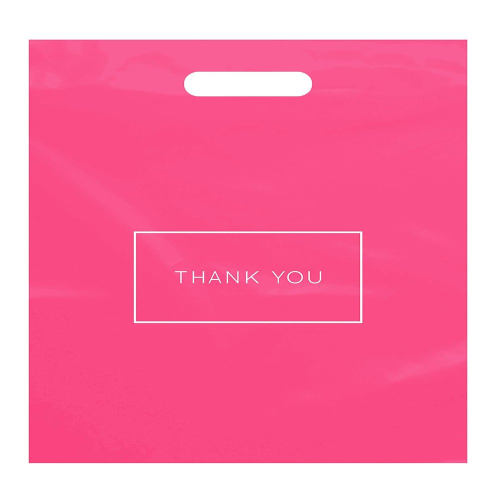 Purple Q Crafts Pink Die Cut Plastic Shopping Bags with Thank You Logo 12"x15" Boutique Bags with Handles 100 Pack for Merchandise, Gifts, Trade Shows and More