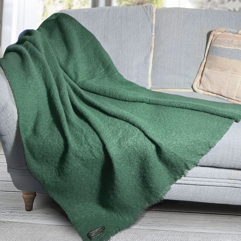 Biddy Murphy Ultra Soft Irish Mohair & Wool Throw Blanket, Made in Ireland, 54"x72", Solid Green
