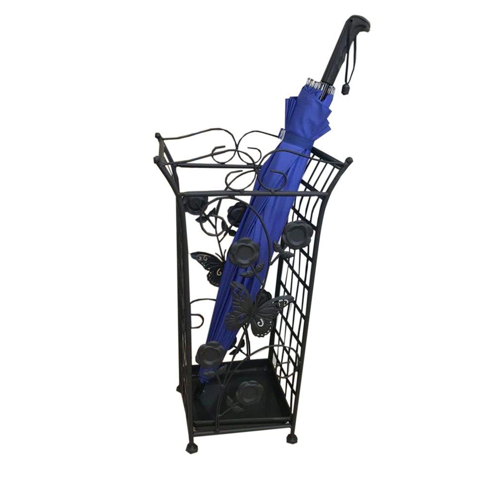 Umbrella Stand Openwork Holder, Antique Umbrella Rack with Removable Drip Tray, Metal Office Hallway for Umbrellas Walking Cane (Color : Black)
