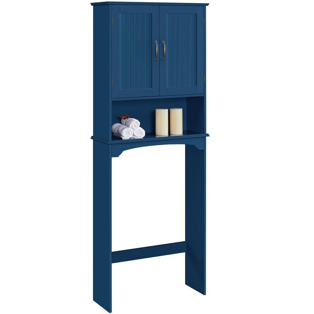 Topeakmart Over The Toilet Storage Cabinet, Organizer with Double Doors and Inner Adjustable Shelf and Lower Open Shelf for Bathroom Laundry, 66 in H, Navy Blue