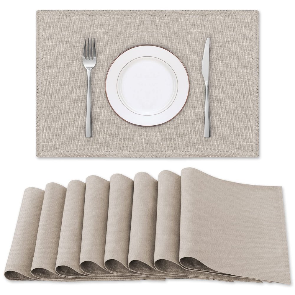 H.VERSAILTEX Linen Placemats Set of 8 Premium Solid Table Placemats for Dining Table Spill-Proof Waterproof Table Mats Heat-Resistant Kitchen Table Mats Washable, 12x18 inches, Taupe