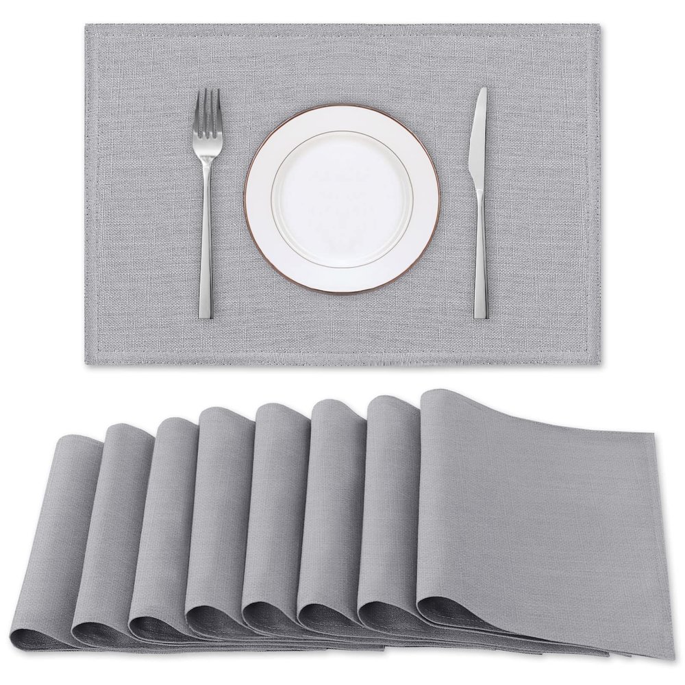 H.VERSAILTEX Linen Placemats Set of 8 Premium Solid Table Mats for Dining Table Spill-Proof Waterproof Heat-Resistant Kitchen Mats Washable, 12x18 inches, Grey