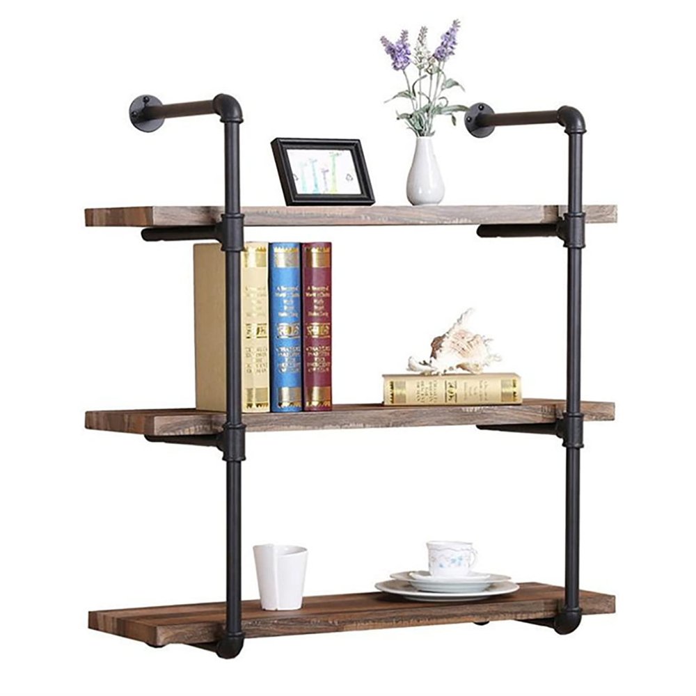CONMING 3-Tier Industrial Pipe Wall Mount Shelves, Wall Mount Bookshelf,Kitchen Spice Rack, Rustic Storage Shelves, Easy to Install,for Bathroom, Bedroom, Living Room