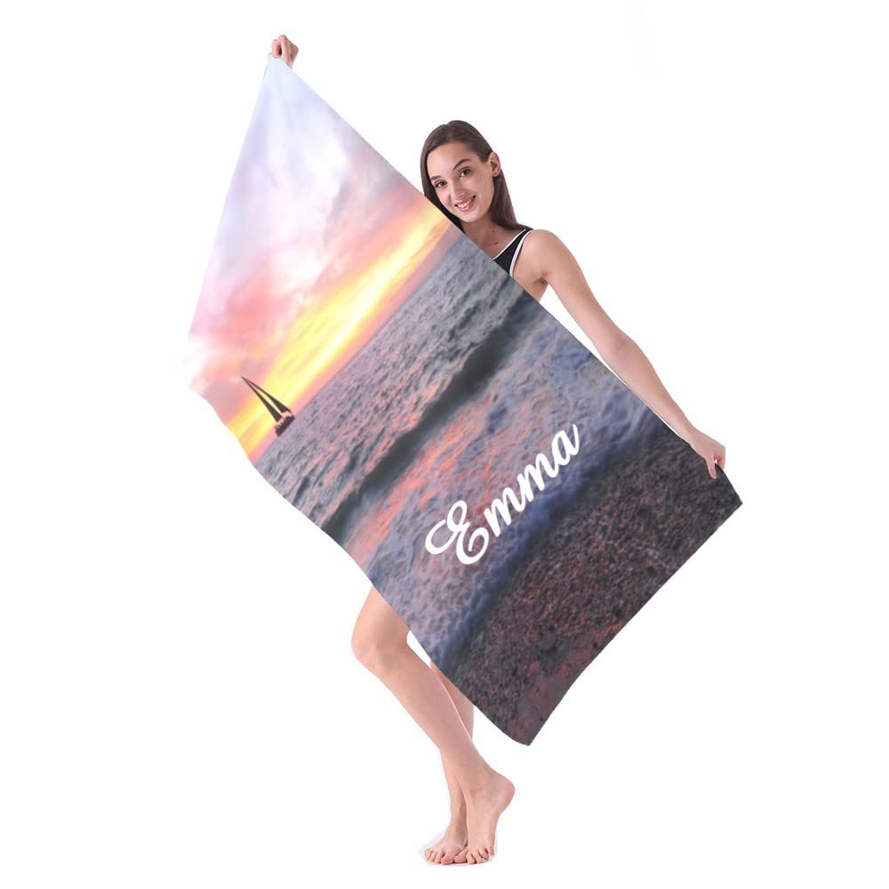 Personalized Beach Towel with Name Sailboat Sunset Ocean Pool Bath Towels Sports Birthday Gifts 30 x 60 inch